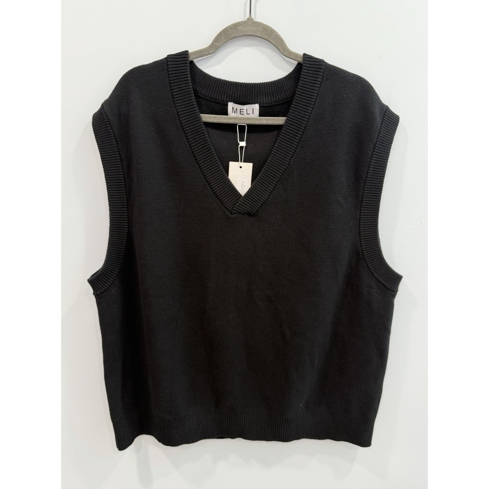 Meli Black Cotton Sweater Vest 1XL V-Neck Ribbed Sleeveless NWT